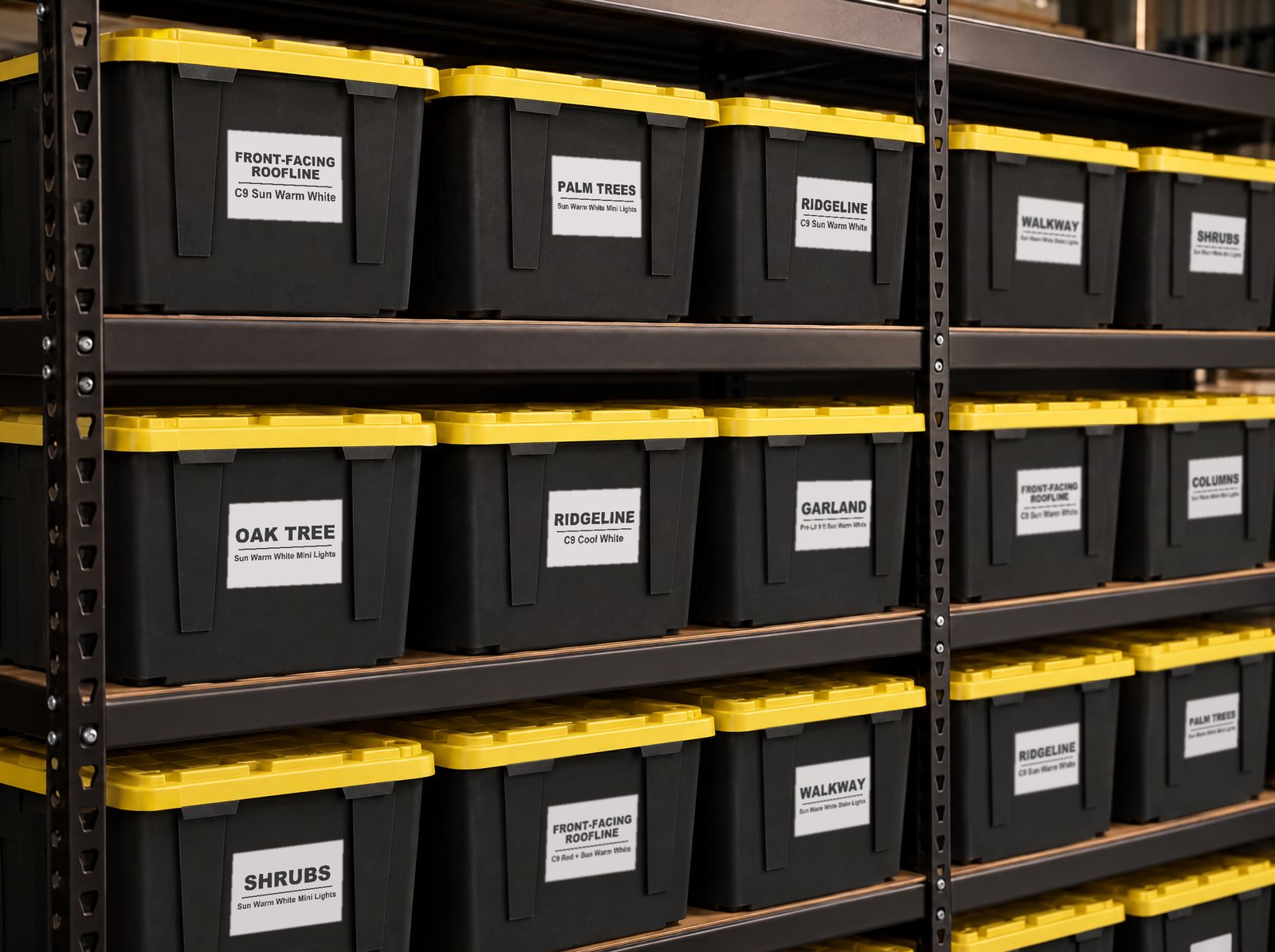 Labeled black and yellow storage bins of Christmas lights at the Castle facility