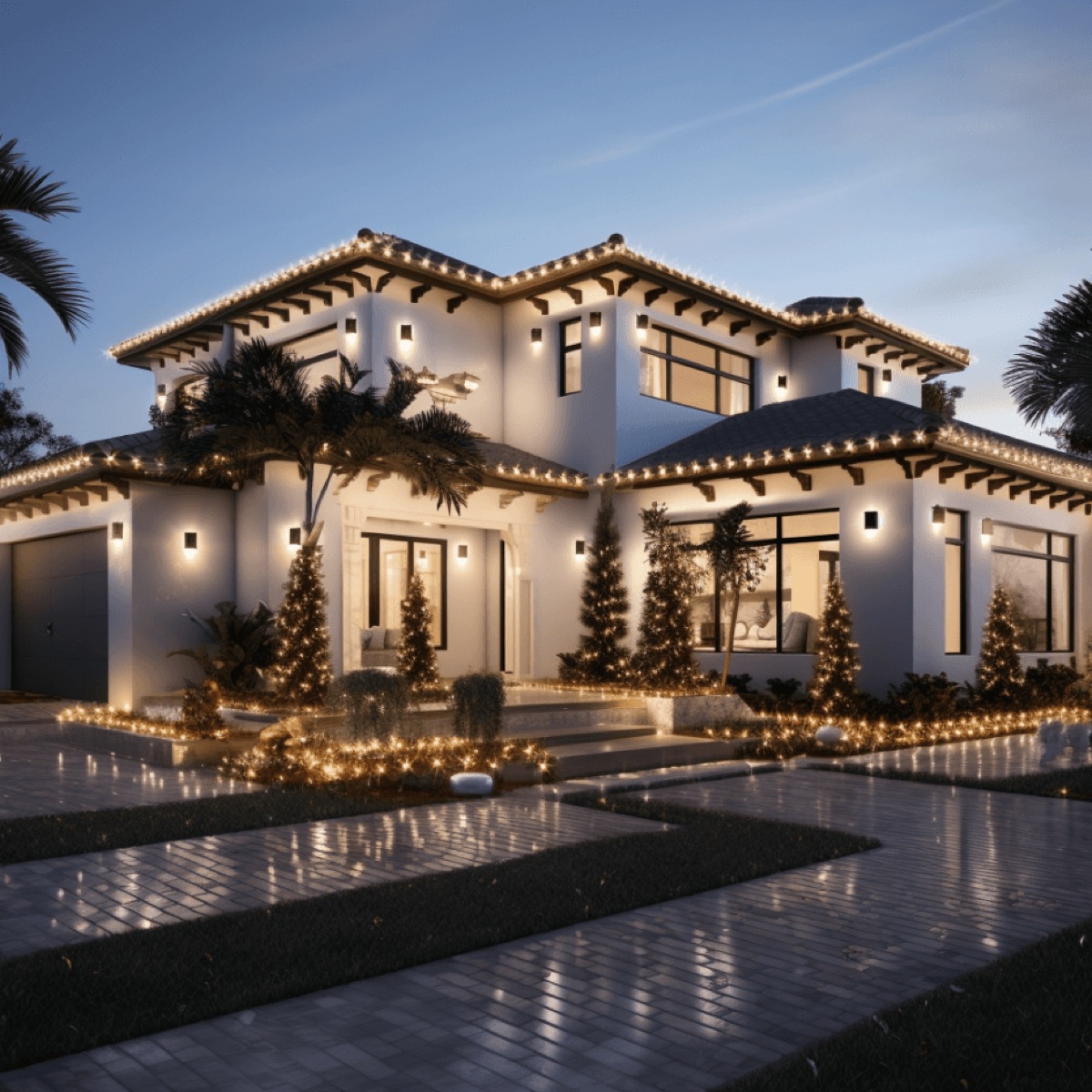 Custom Christmas light installation at night