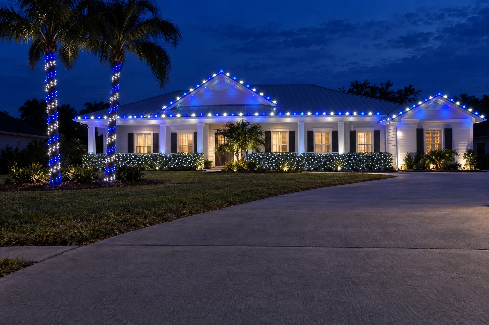 Coastal home with alternating blue and cool white C9 bulbs on the roofline and palms wrapped in blue and cool white bands