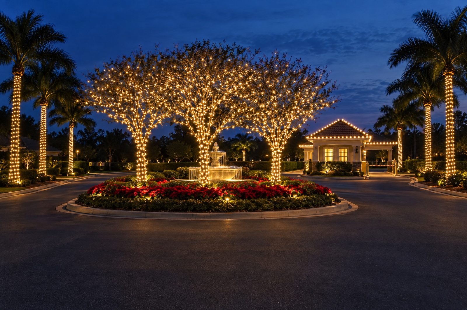 Community entrance with canopy-wrapped trees, wrapped palms and a lit gatehouse roofline