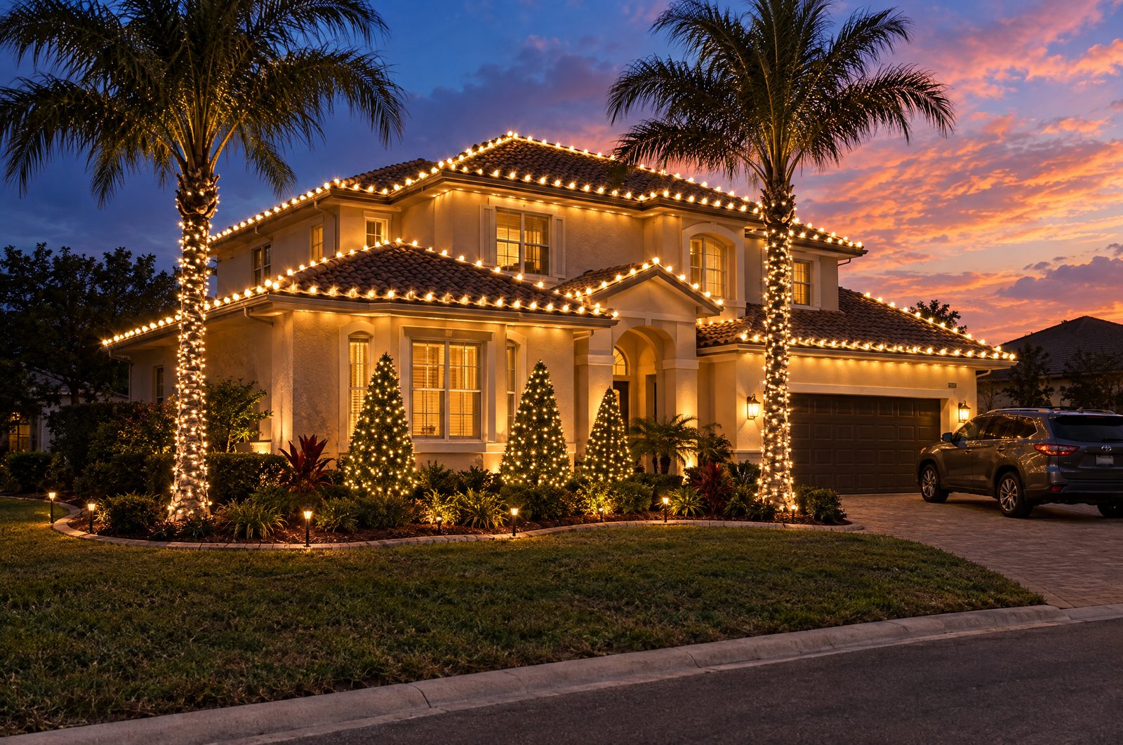 Two-story Mediterranean home at sunset with warm white roofline and ridge lights, wrapped palms and lit cone shrubs