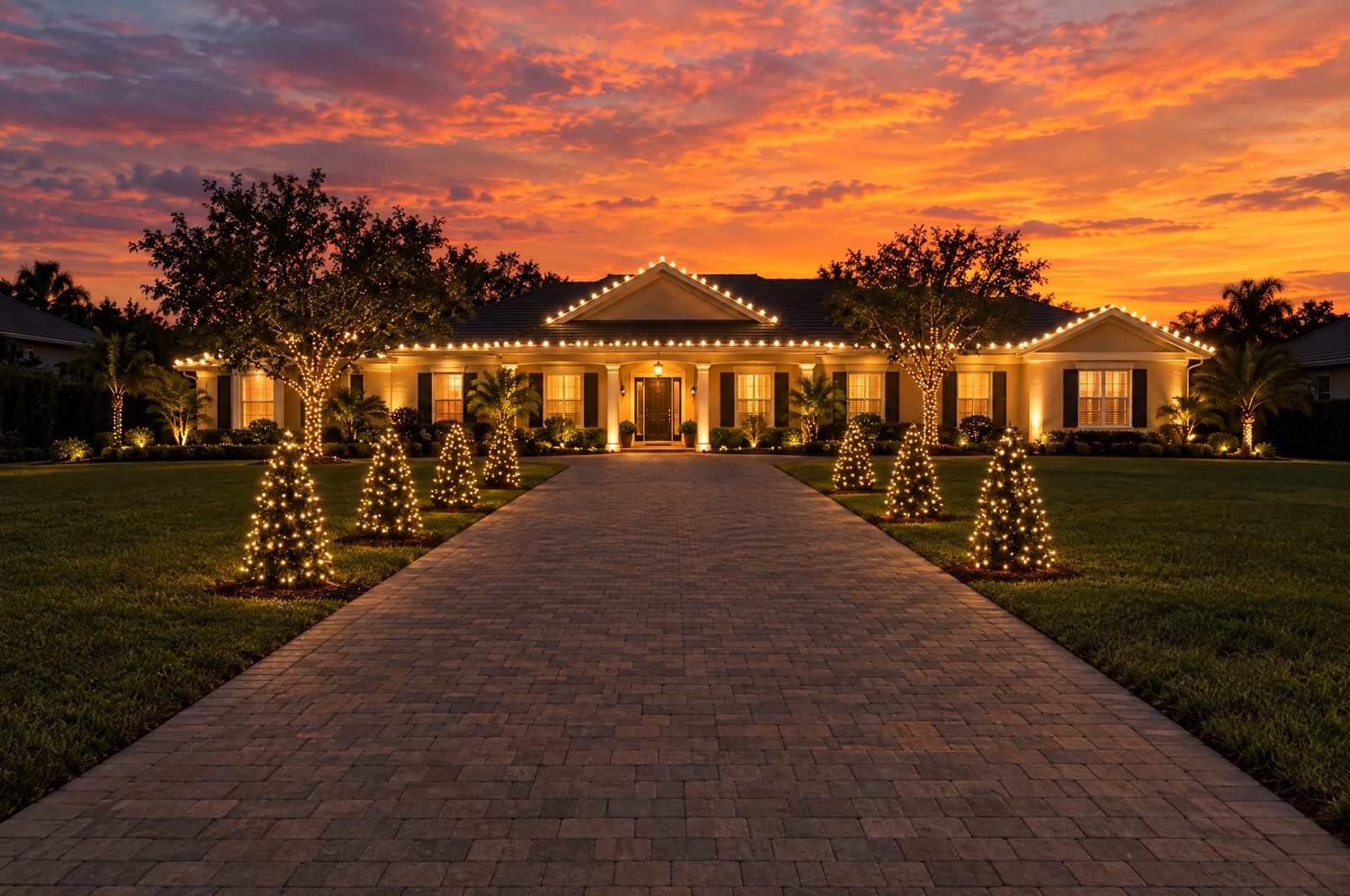 Long paver driveway lined with lit cone shrubs leading to a home outlined in warm white lights at sunset