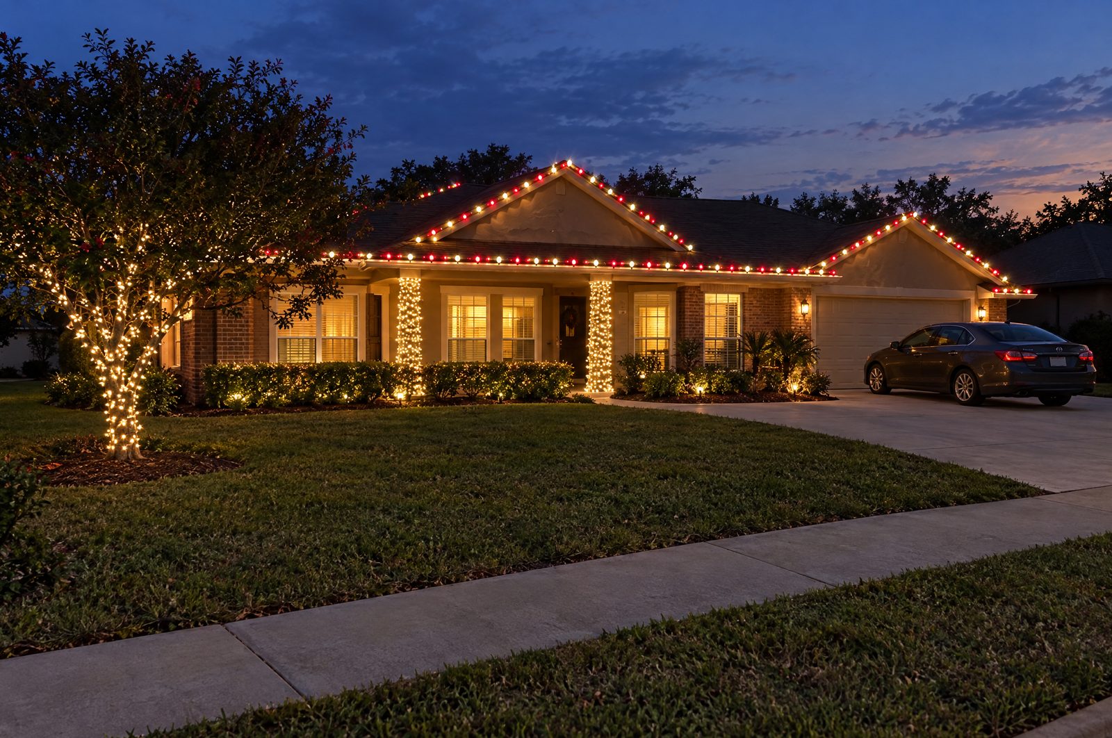Ranch home with alternating red and warm white C9 bulbs on the roofline and wrapped entry columns