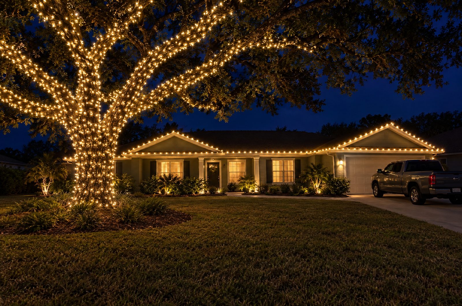 Live oak wrapped branch by branch in warm white mini lights in front of a ranch home
