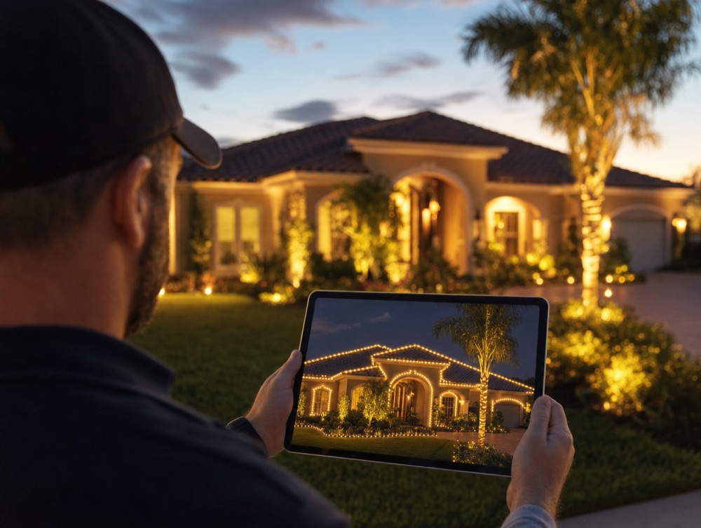 Designer showing a Christmas light design mockup on a tablet in front of a Florida home at dusk